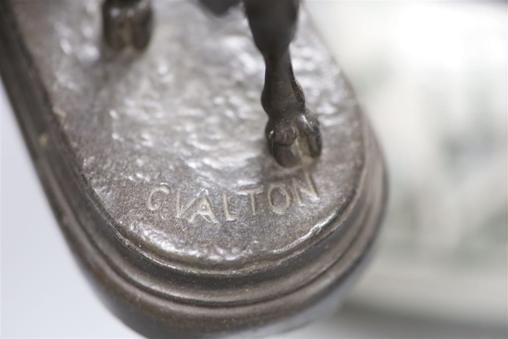 A patinated spelter figure of cow, signed C. Valton and a group of porcelain animal and bird figures